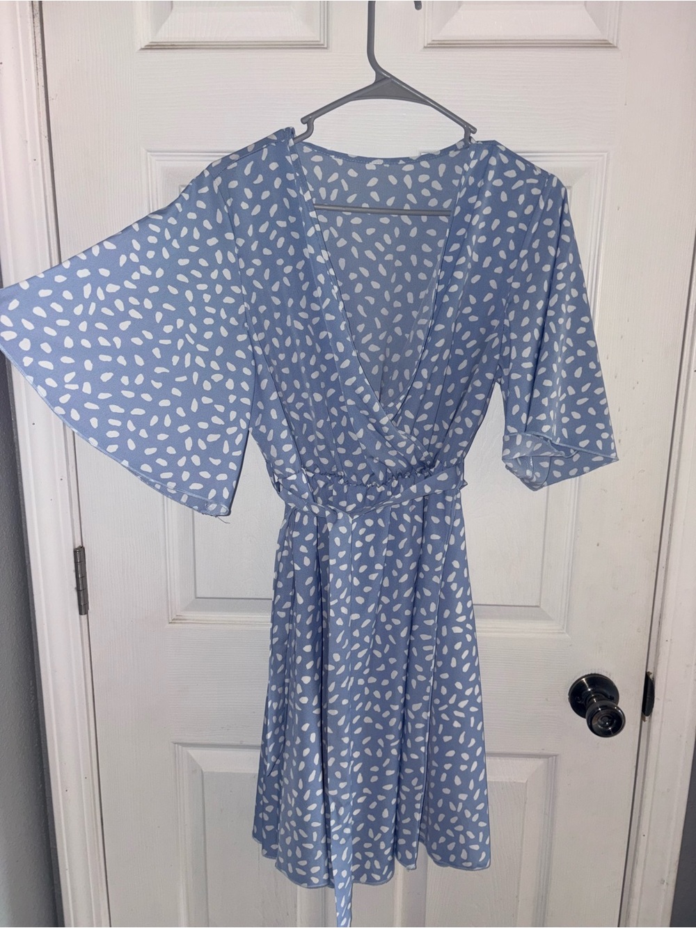 SHEIN Light Blue Wrap Mini Dress with White Spot Print